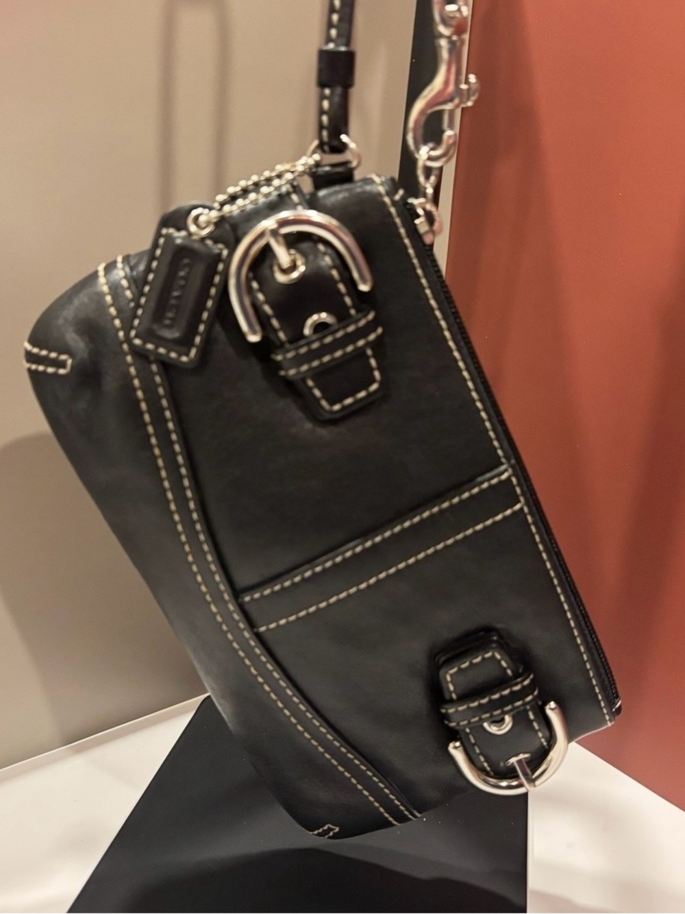 COACH Black Leather Y2K Buckle Wristlet